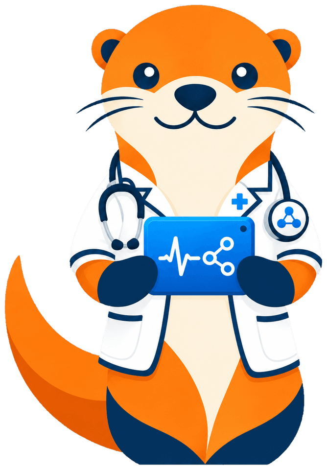 The DApp Doctor otter in a lab coat, holding a tablet that shows a heartbeat and a network.
